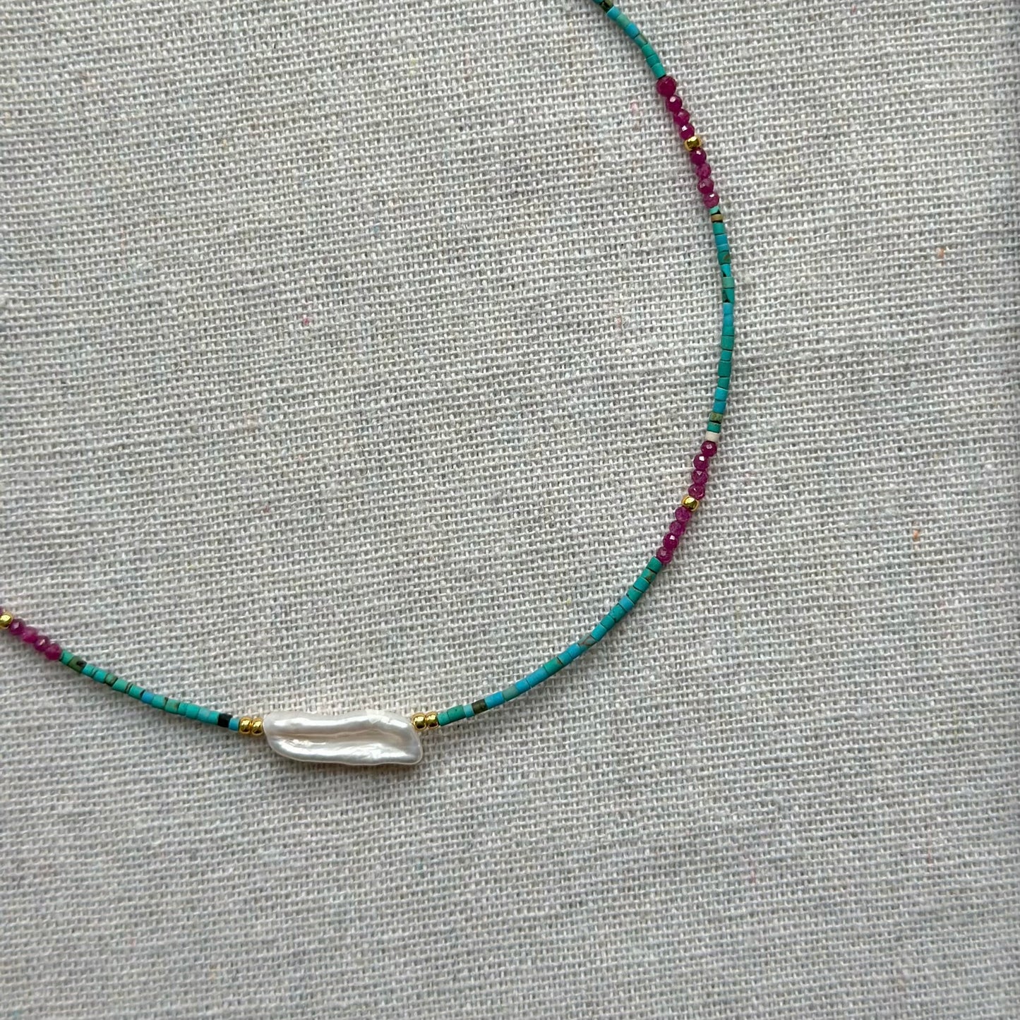 Turquoise Mix Ruby And Freshwater Pearl Beaded Necklace