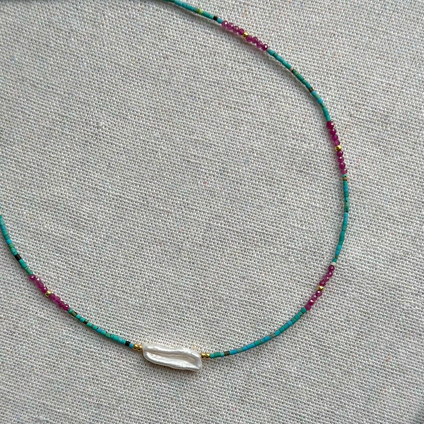 Turquoise Mix Ruby And Freshwater Pearl Beaded Necklace