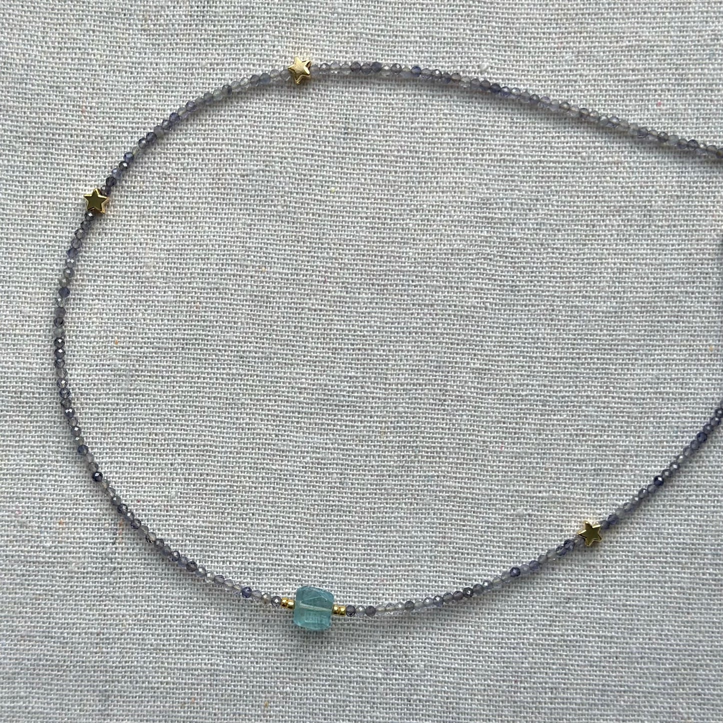 Iolite And Aquamarine Cube Beaded Necklace