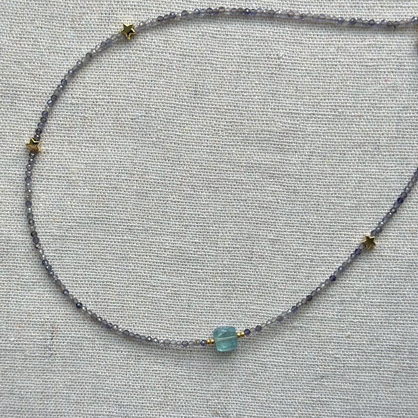 Iolite And Aquamarine Cube Beaded Necklace