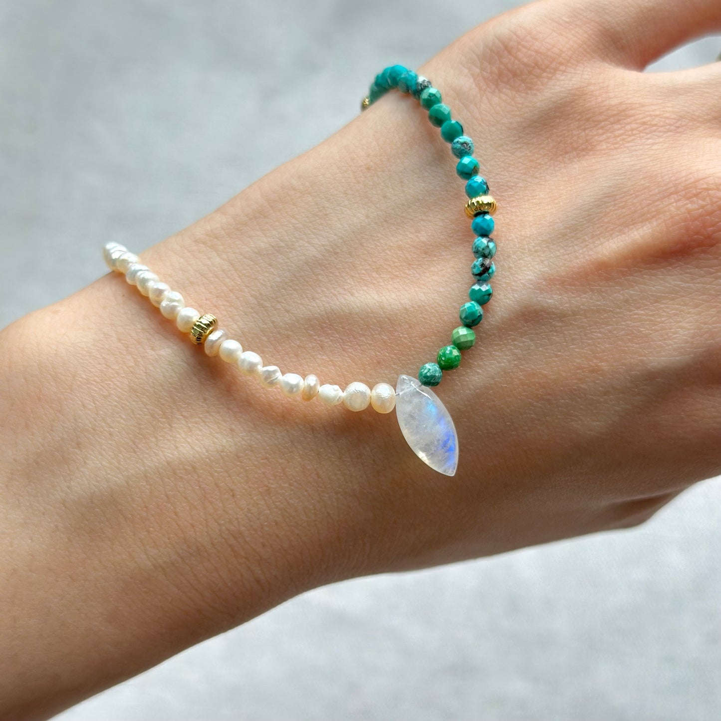 Turquoise Mix Freshwater Pearl Moonstone Beaded Necklace