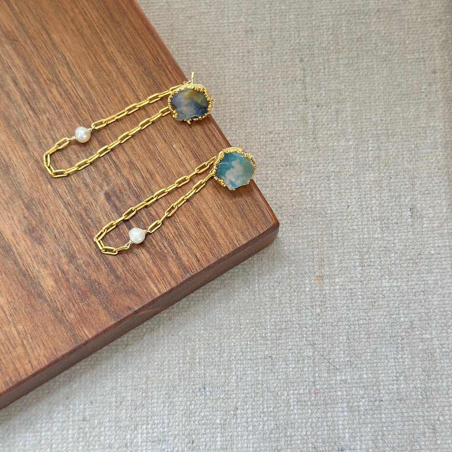 Two-way Opal And Freshwater Pearl Chain Ear Stud