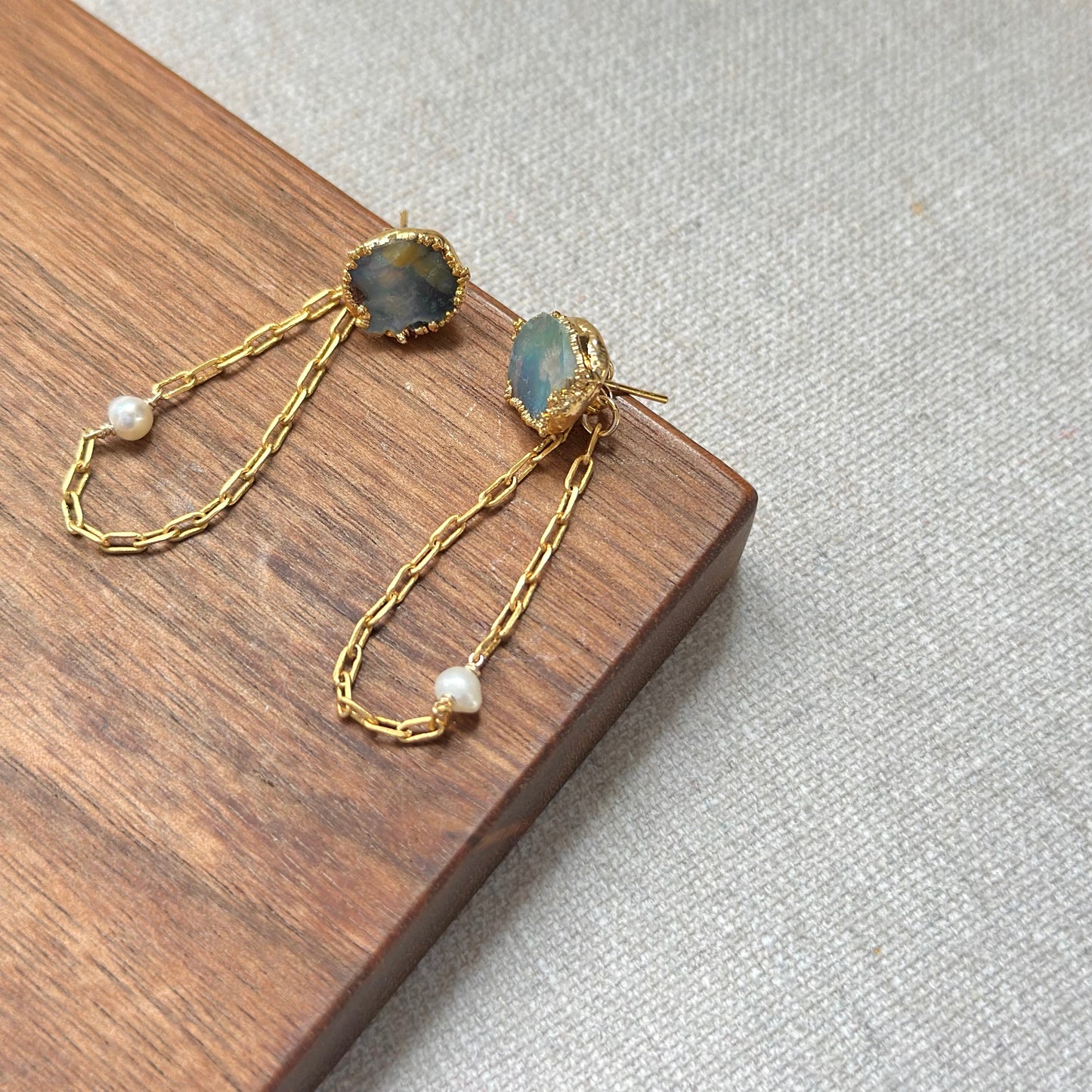 Two-way Opal And Freshwater Pearl Chain Ear Stud