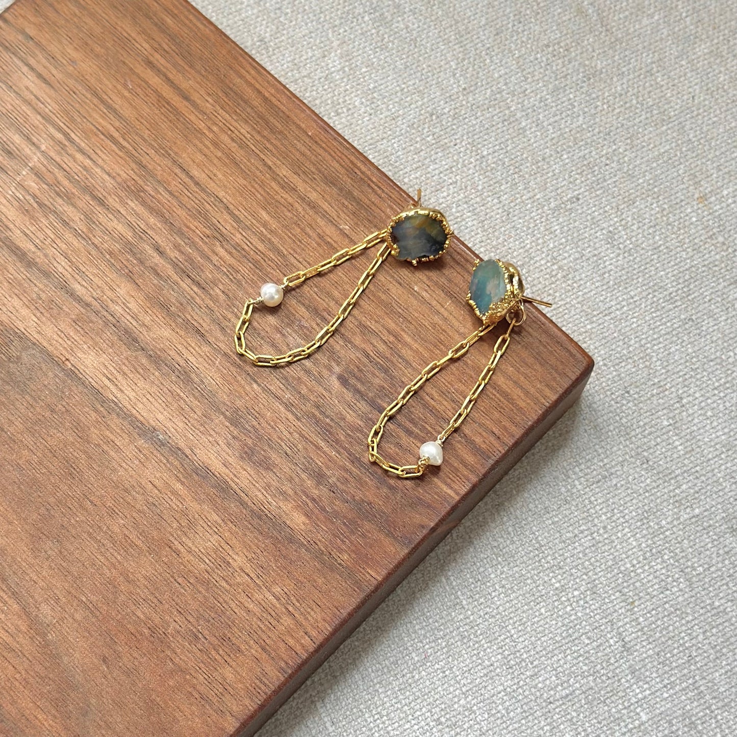 Two-way Opal And Freshwater Pearl Chain Ear Stud