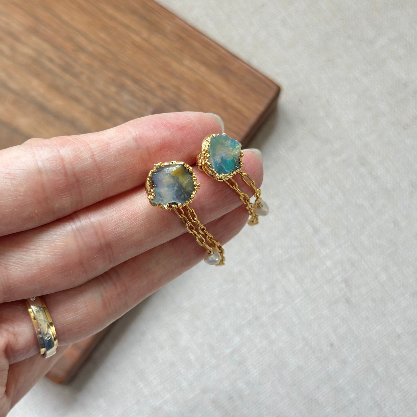 Two-way Opal And Freshwater Pearl Chain Ear Stud