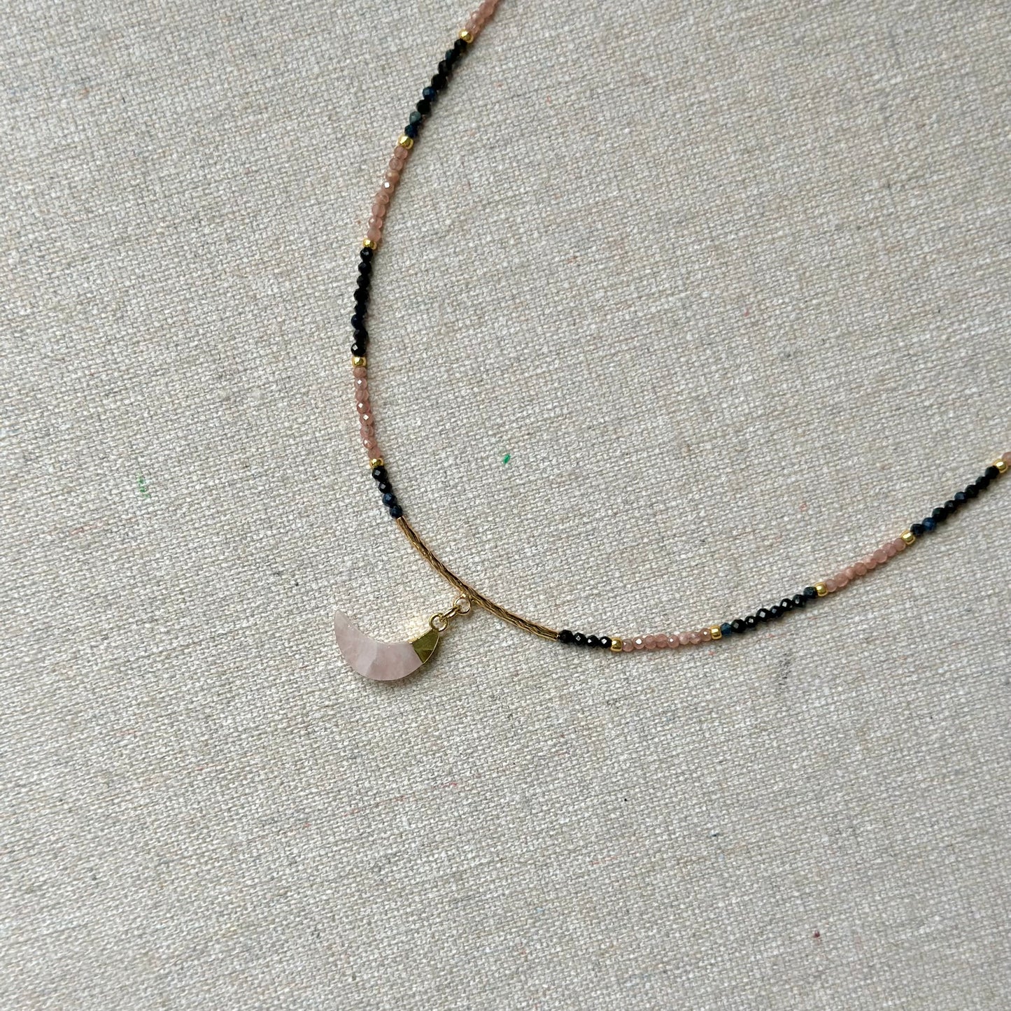 Blue Sapphire Black Spinel Mixed Rhodochrosite Beaded Necklace