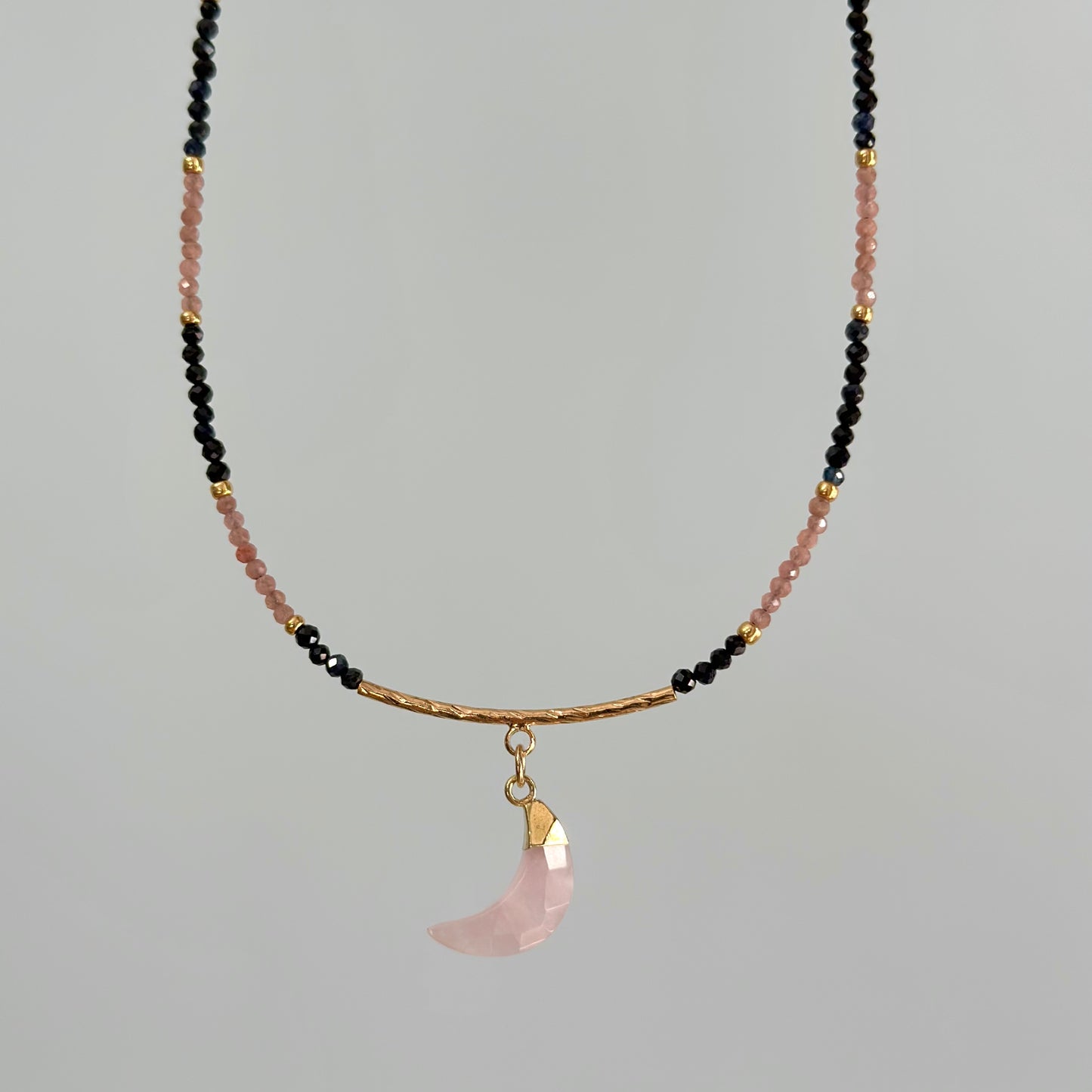 Blue Sapphire Black Spinel Mixed Rhodochrosite Beaded Necklace