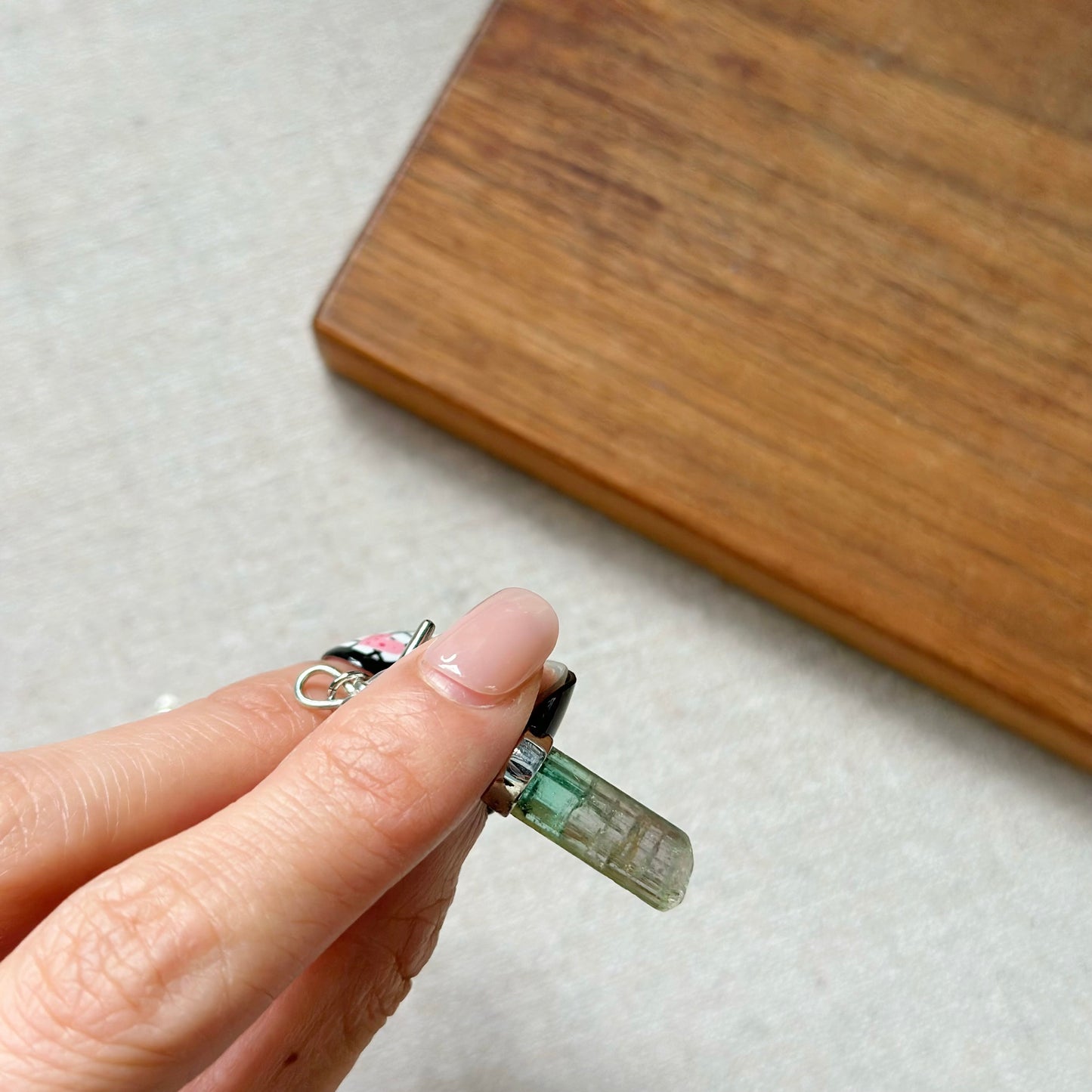 Watermelon Tourmaline Raw Stone Hoop Toggle Sterling Silver Necklace