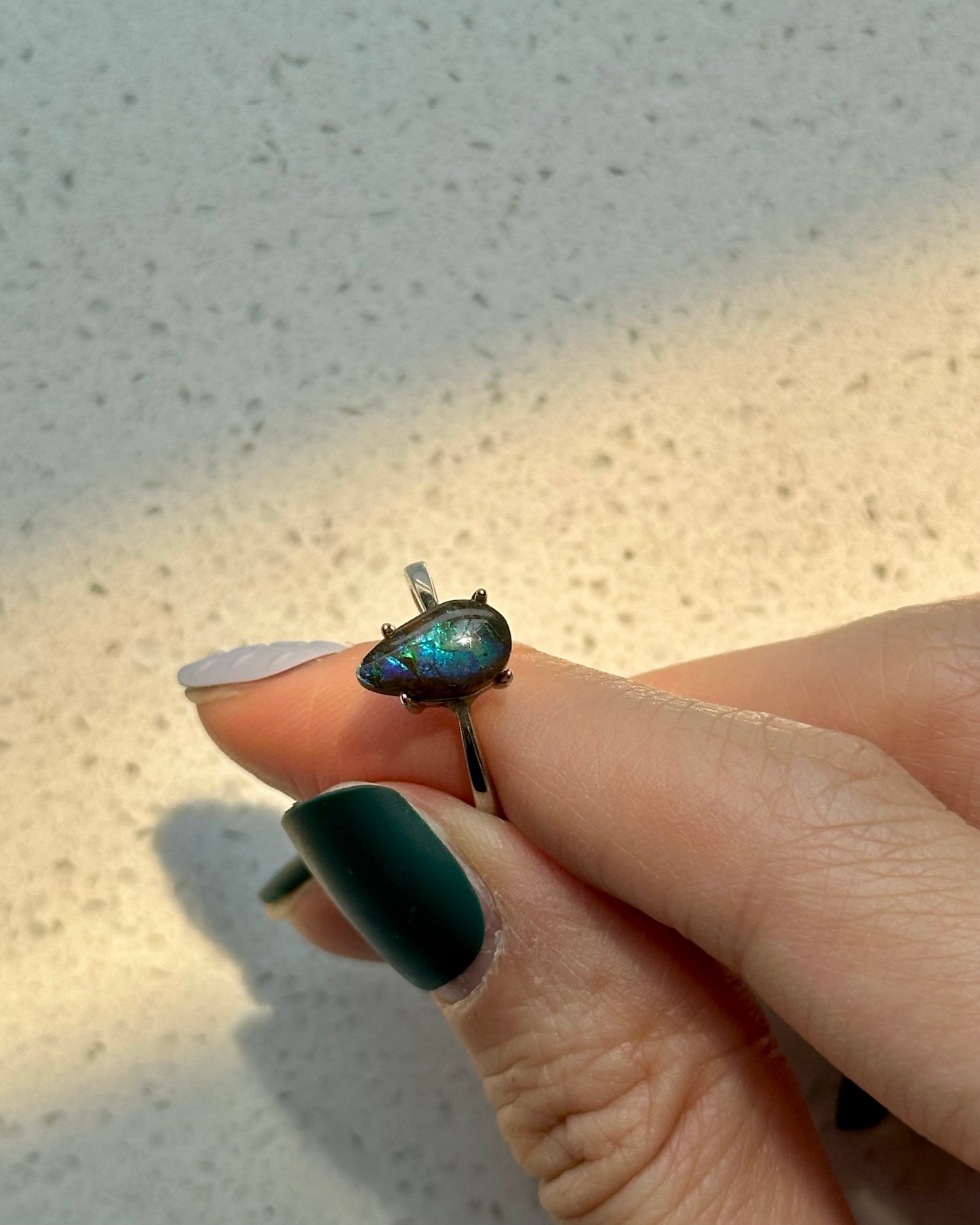Ammolite Irregular shaped Adjustable Sterling Silver Ring