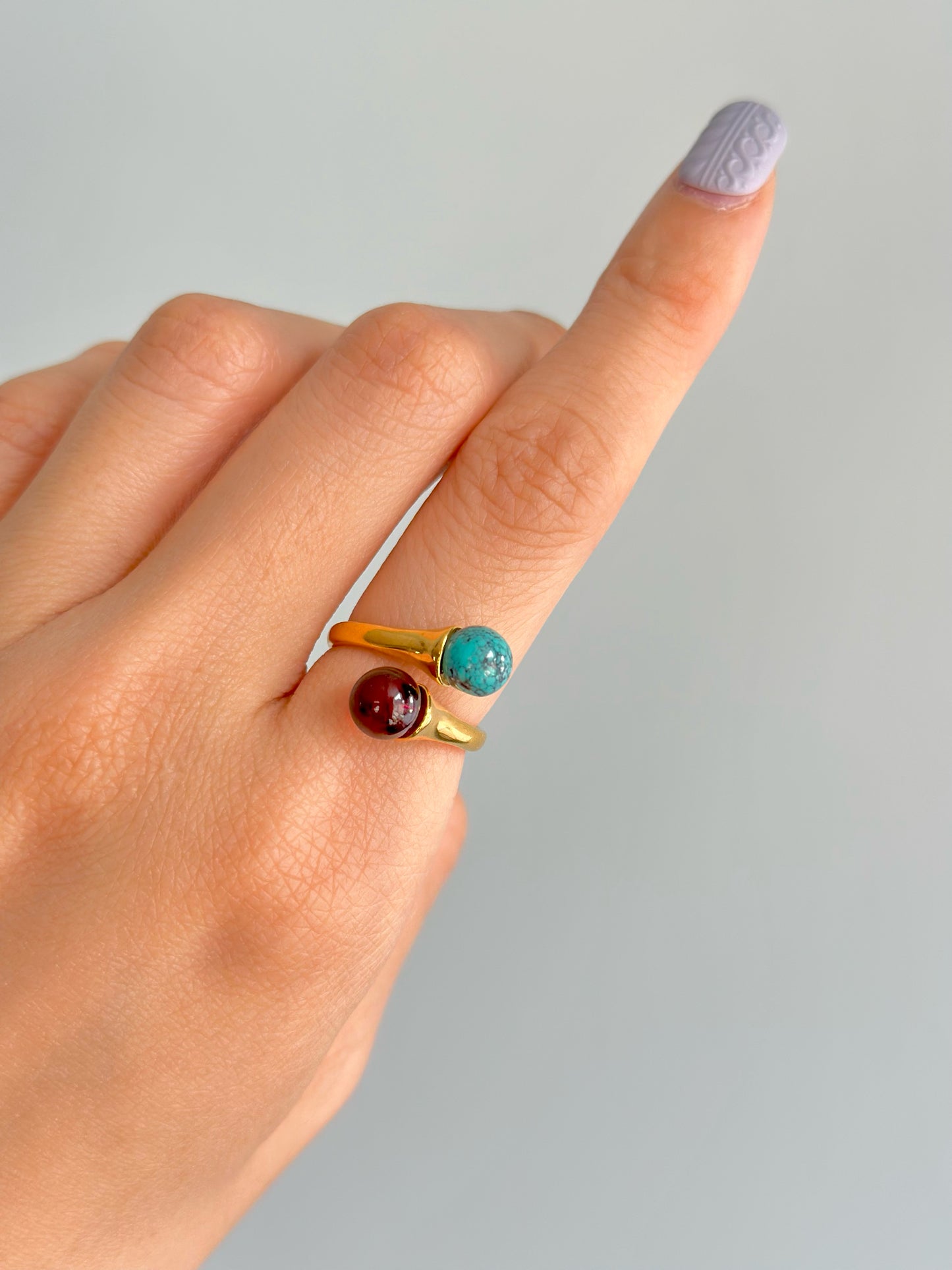 Turquoise And Amber Adjustable Gold-plated Ring