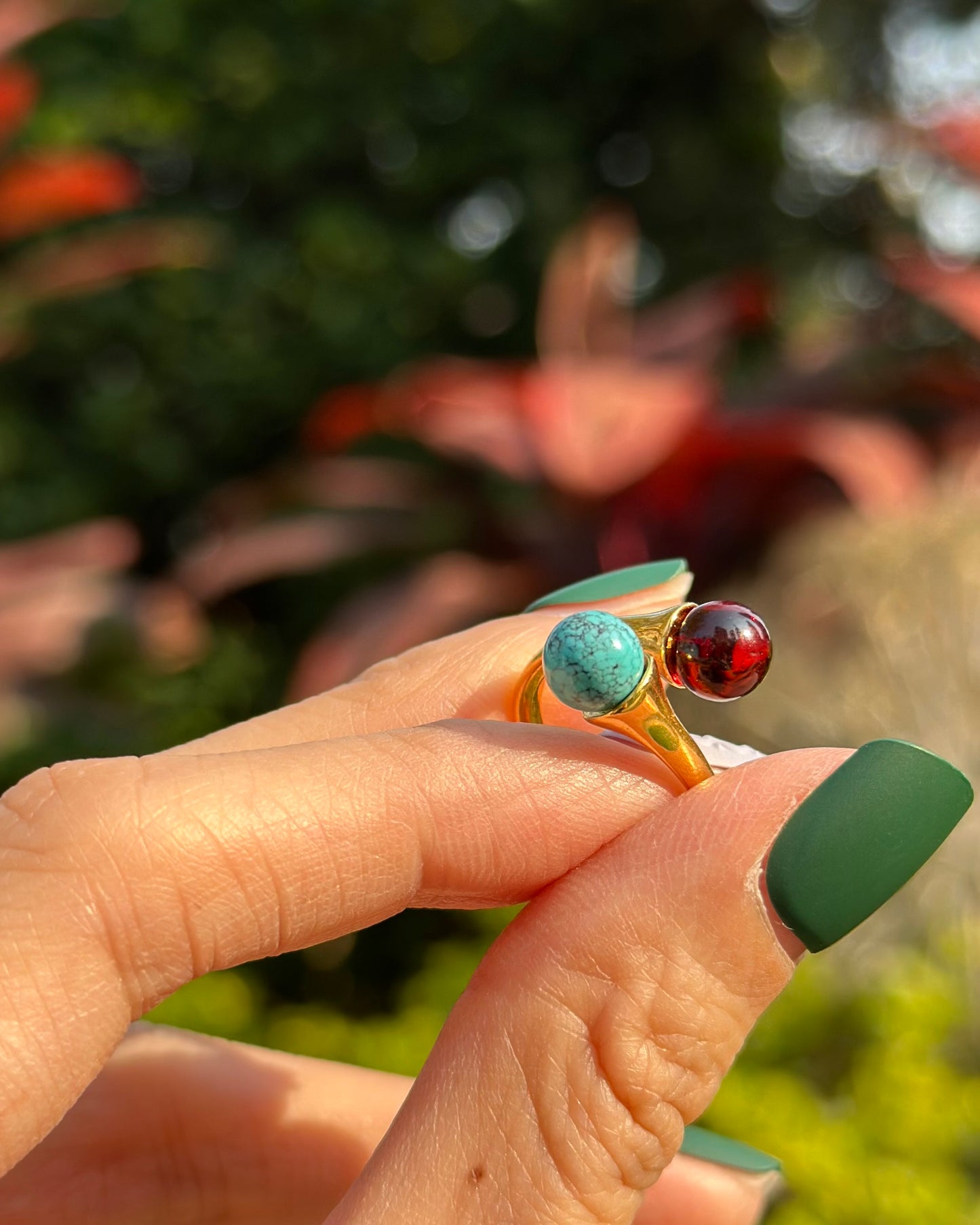 Turquoise And Amber Adjustable Gold-plated Ring