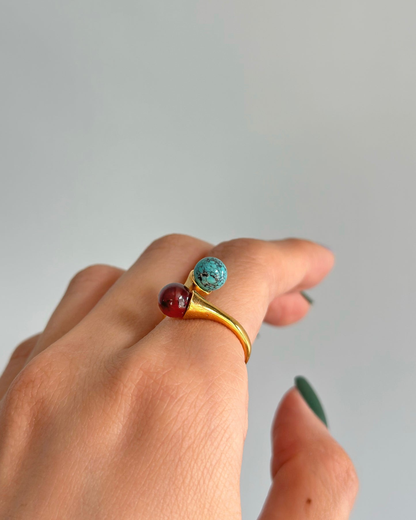 Turquoise And Amber Adjustable Gold-plated Ring