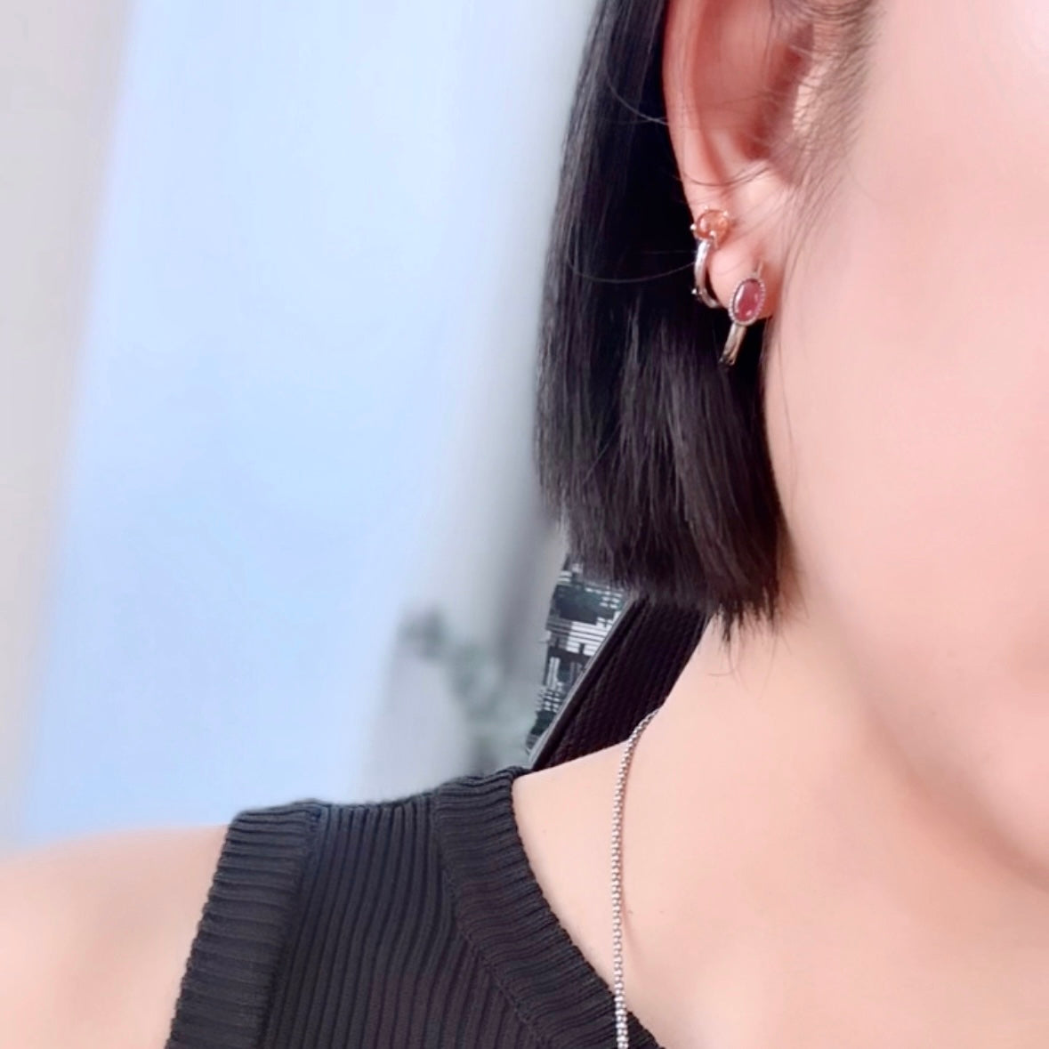 Garnet Oval Cabochon Sterling Silver Ear Hoop