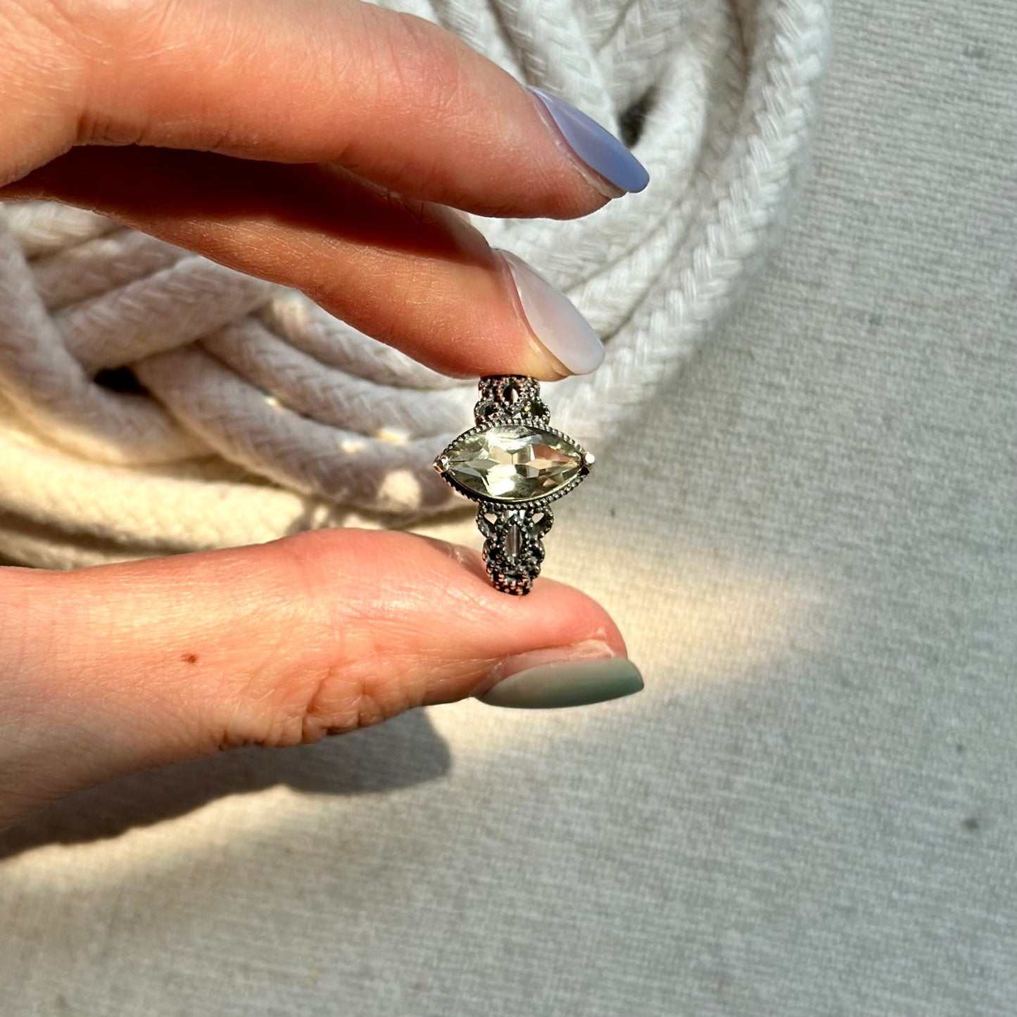 Green Amethyst Lace Cutout Adjustable Sterling Silver Ring