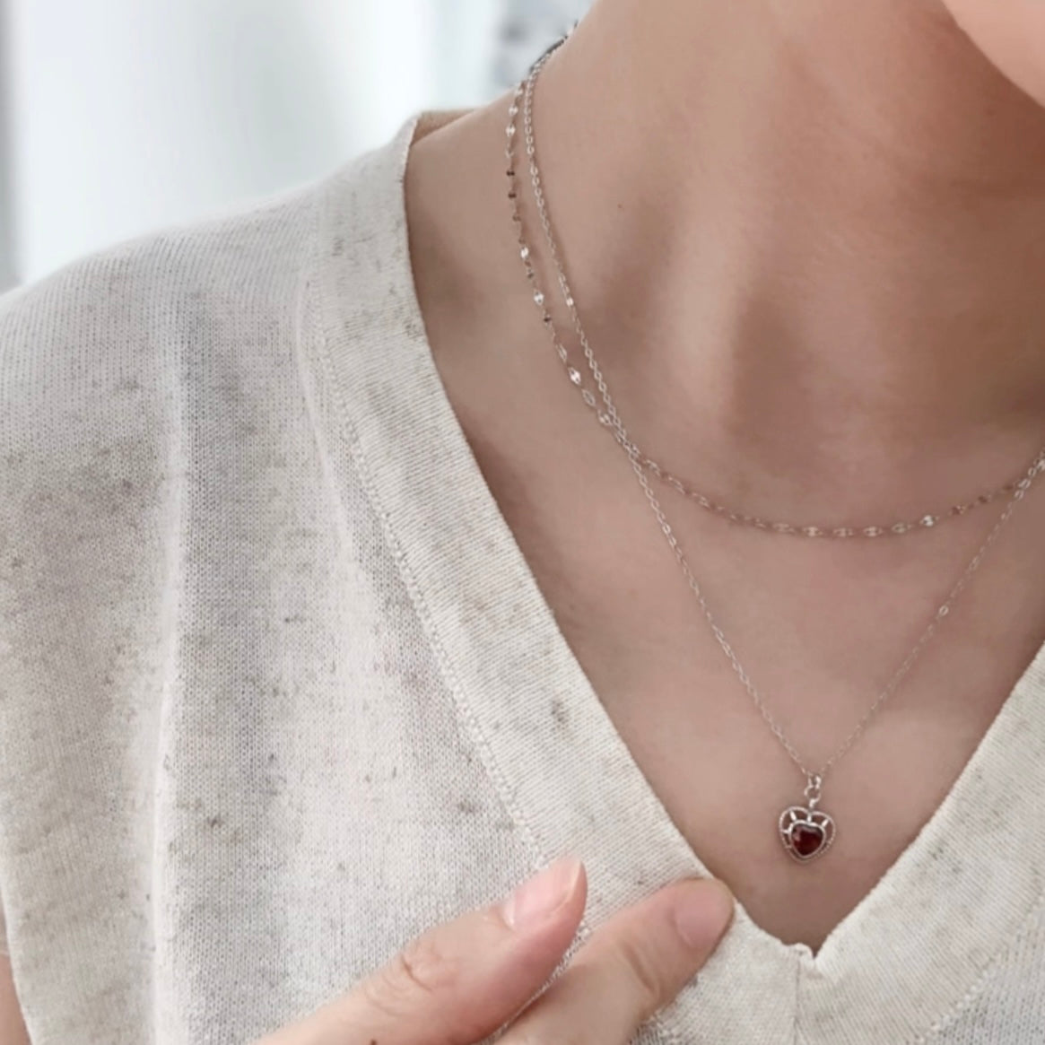 Garnet Heart Double Layer Sterling Silver Necklace