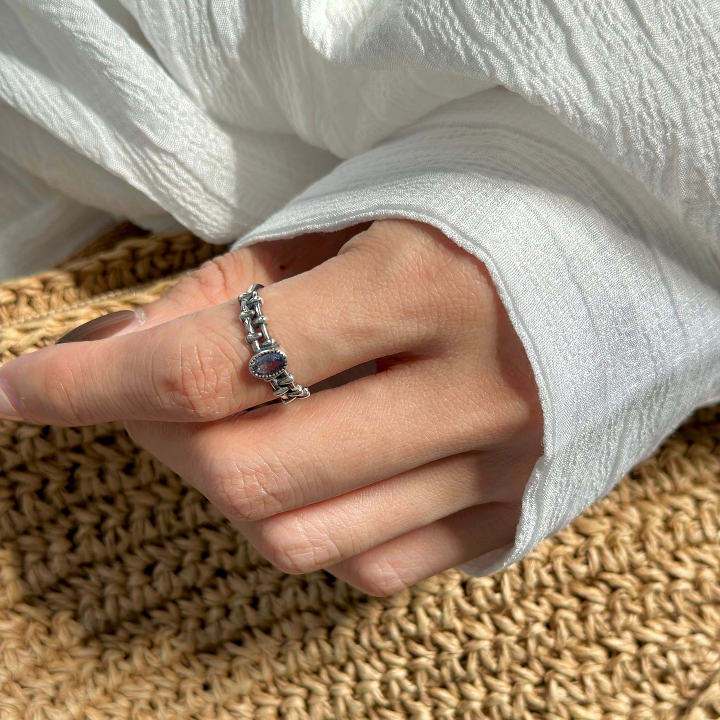 Topaz Woven Cutout Band Adjustable Sterling Silver Ring