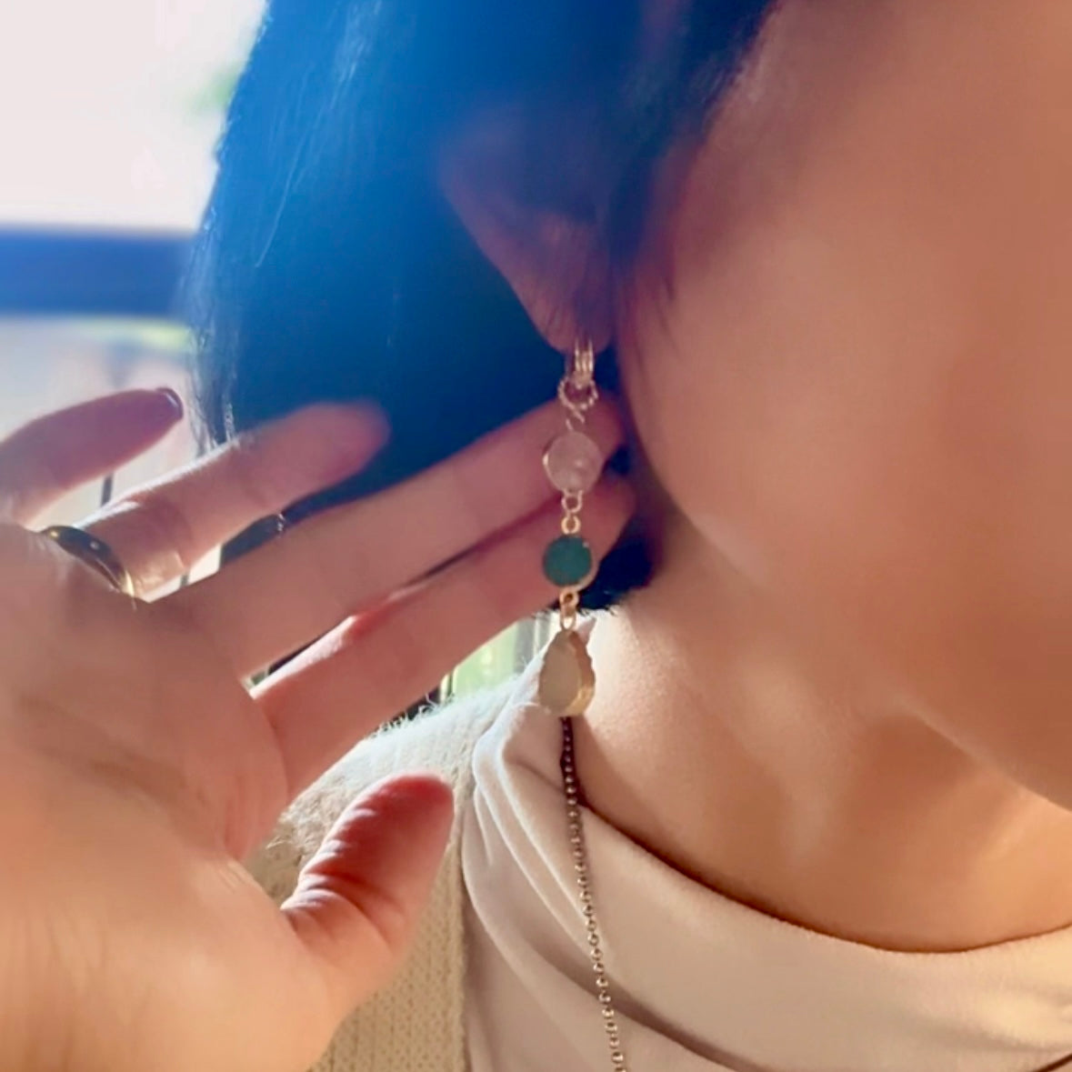 Moonstone Green Druzy Mixed Two-way Gold-plated Ear Hoop