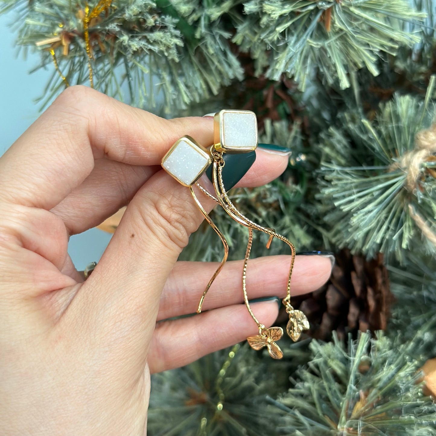 Square Druzy Floral Two-way Gold-plated Earring