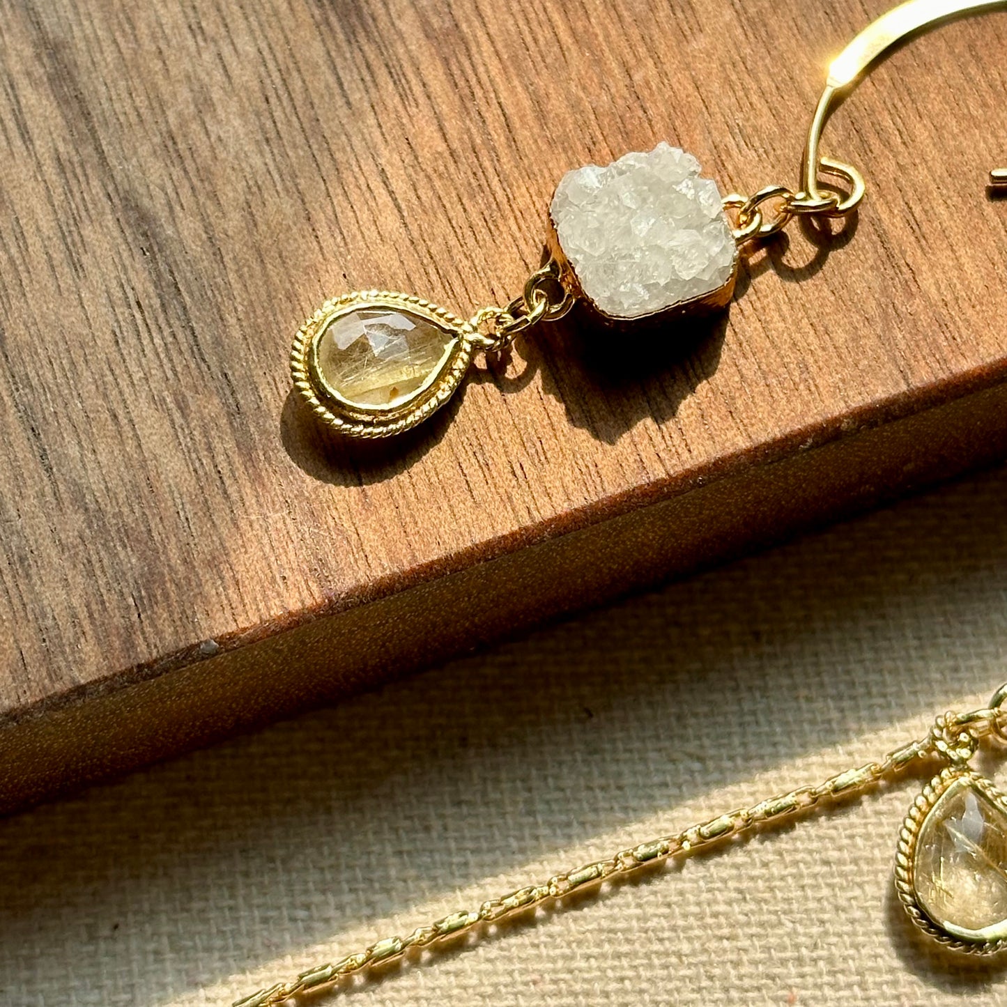 Golden Rutilated Quartz And Druzy Square Gold-plated Earring