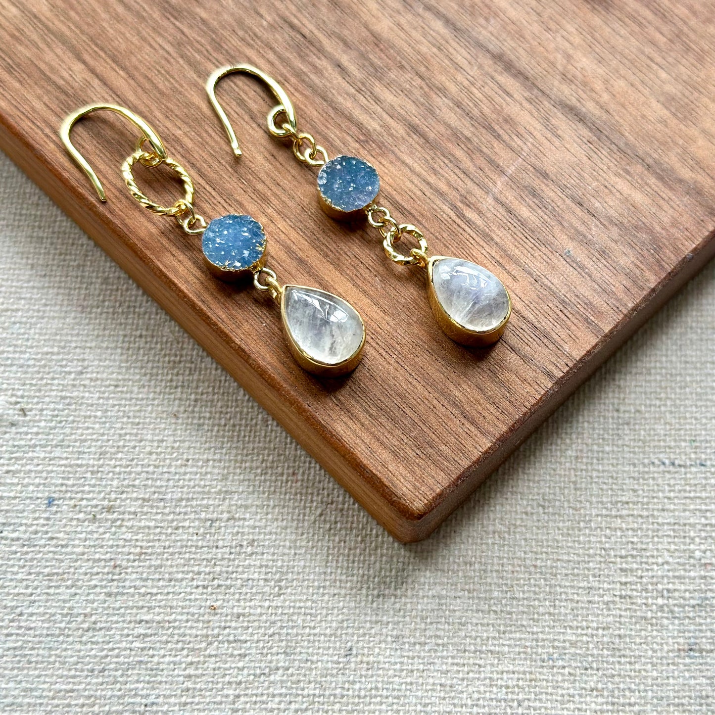 Moonstone And Blue Druzy Gold-plated Earring