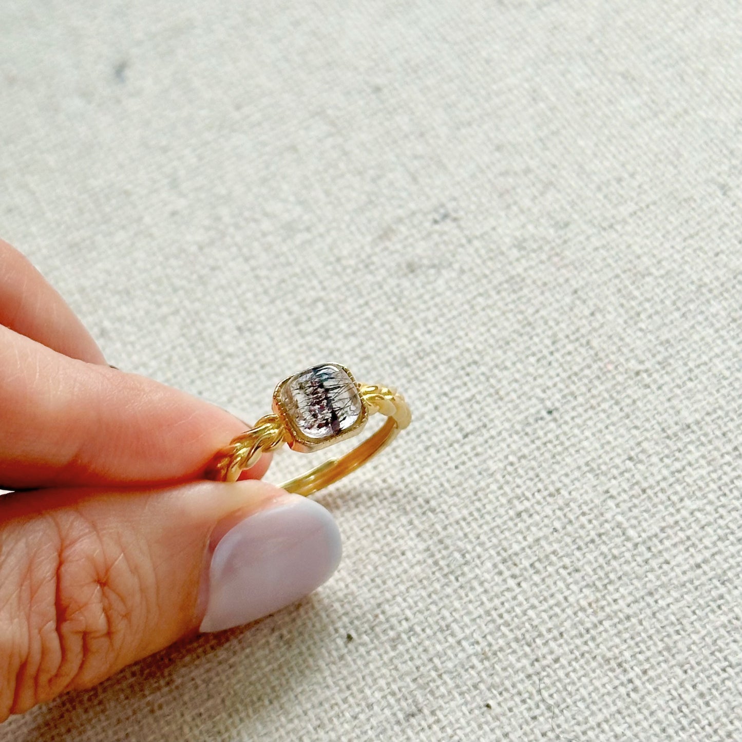 Super Seven Square Adjustable Gold-plated Sterling Silver Ring