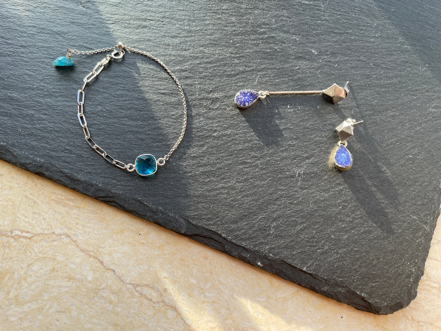 Blue Druzy Stones Asymmetric Earring