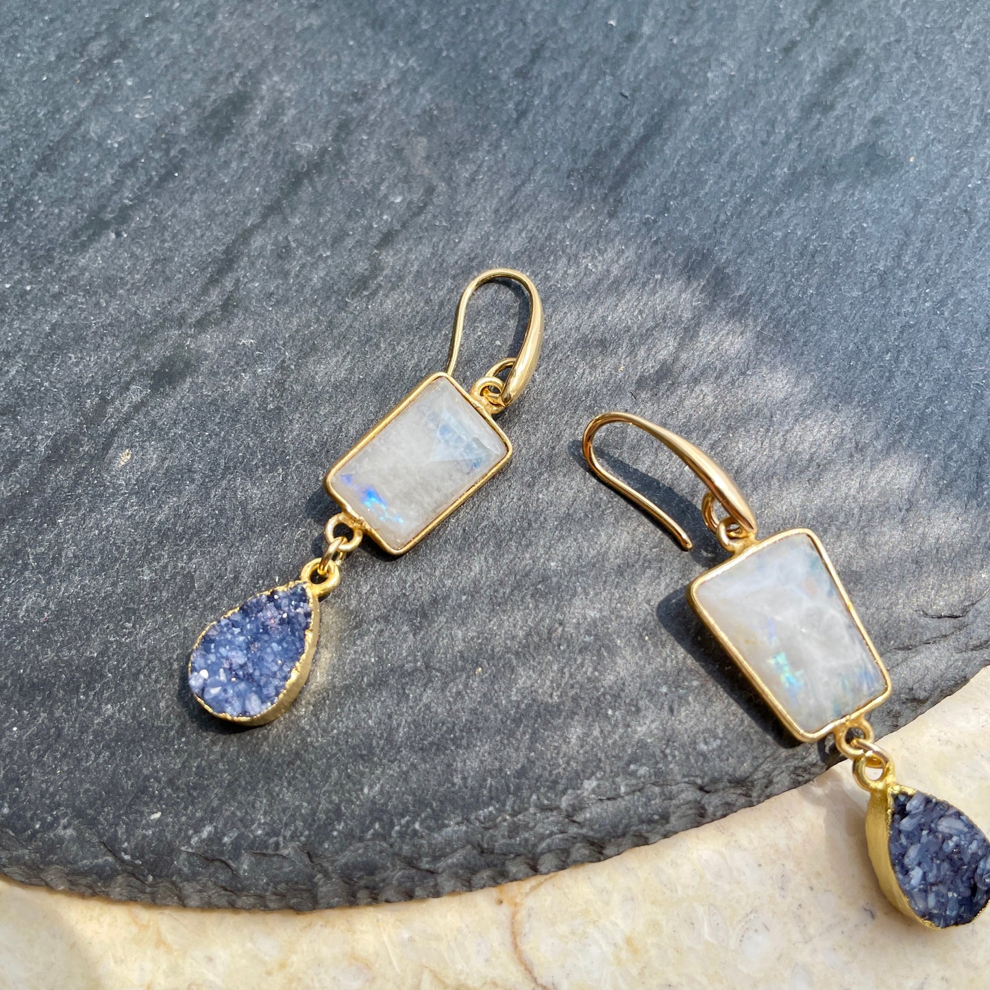Moonstone And Black Druzy Stone Earring