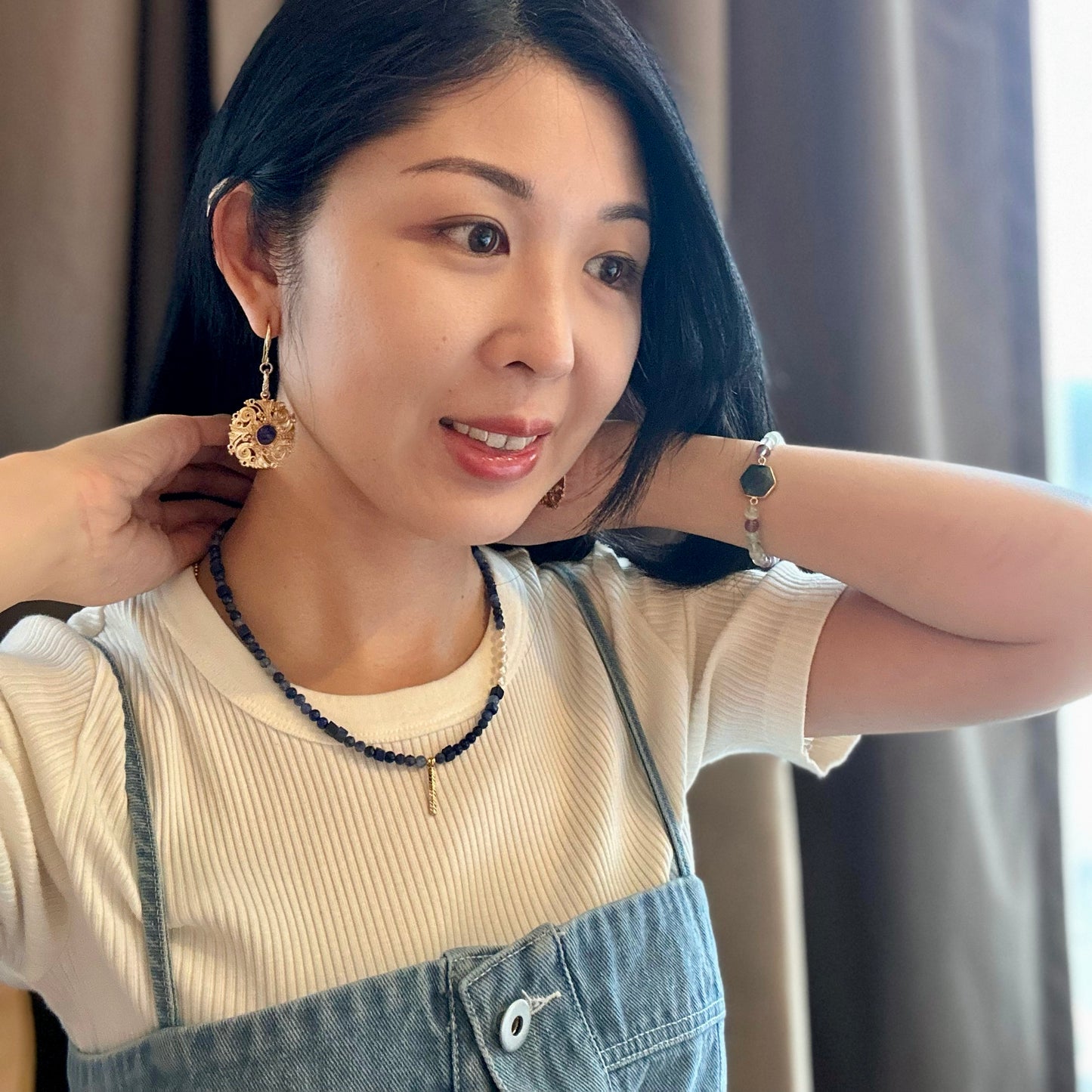 Mixed Shape Lapis And Sodalite Beaded Asymmetric Choker Necklace