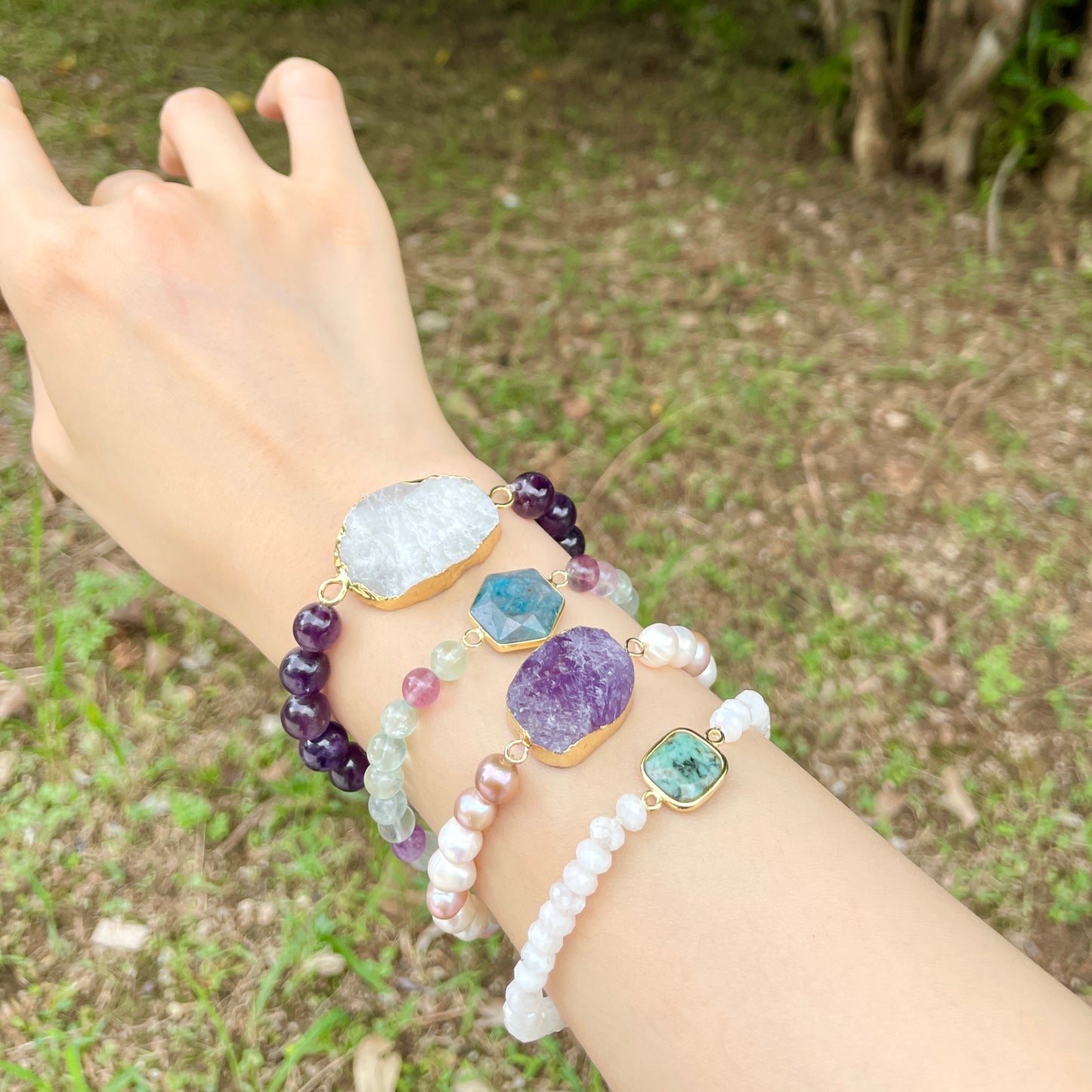 Moonstone And Amethyst Beaded Bracelet