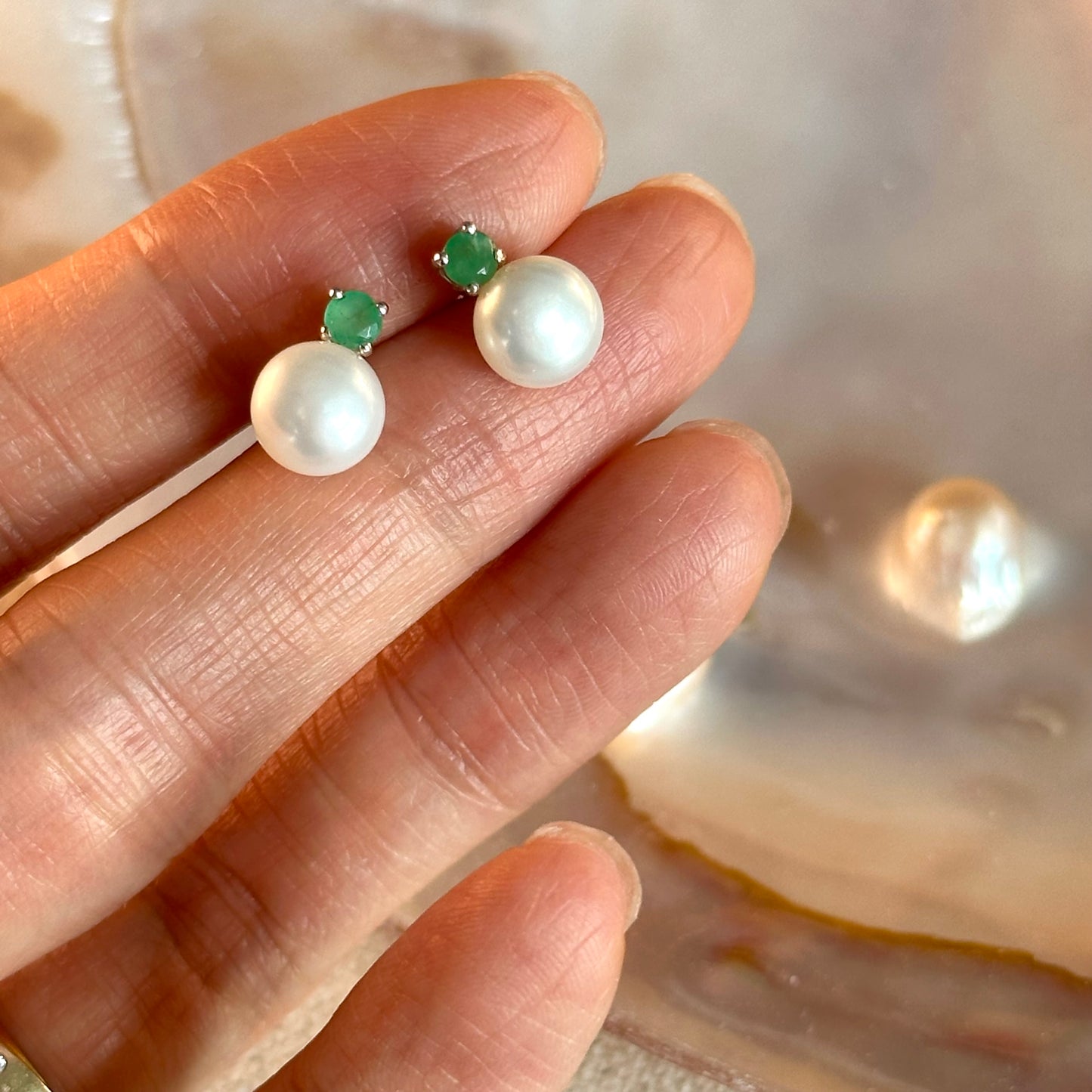 Emerald And Freshwater Pearl Sterling Silver Ear Stud