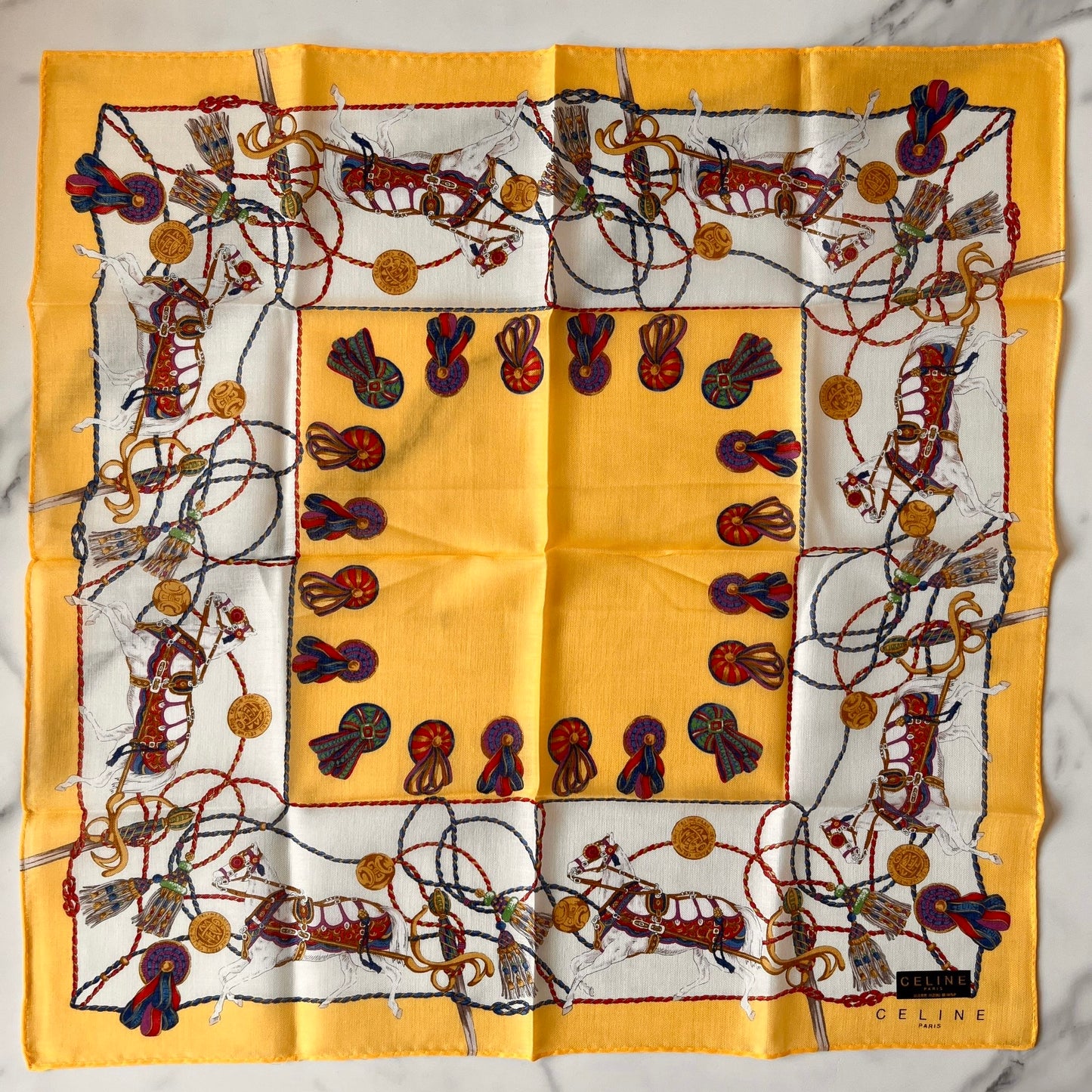 CELINE PARIS Vintage Yellow Horse Printed Handkerchief