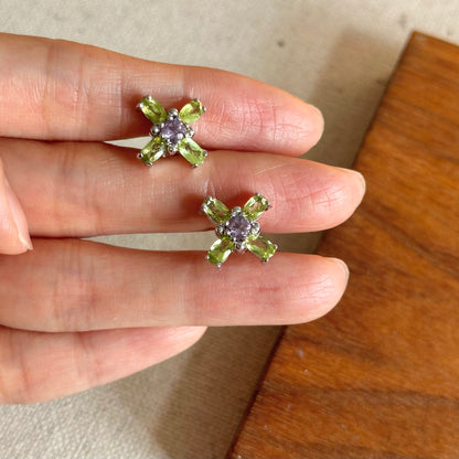 Peridot Cross And Amethyst Sterling Silver Ear Stud