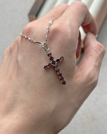 Garnet Cross And Freshwater Pearl Sterling Silver Necklace