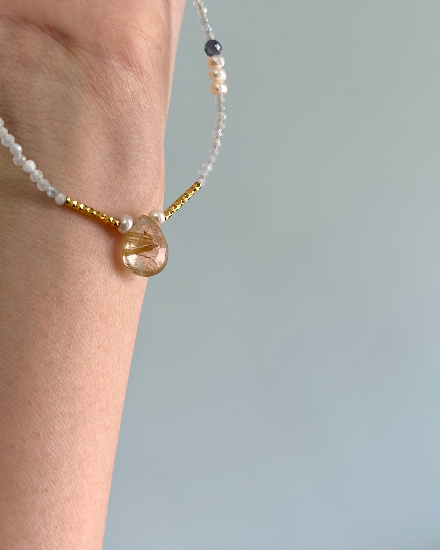 Aquamarine And Golden Rutilated Quartz Beaded Necklace