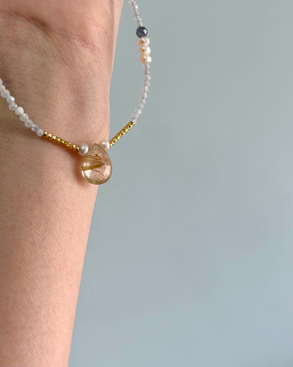 Aquamarine And Golden Rutilated Quartz Beaded Necklace