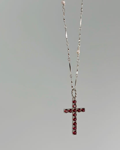 Garnet Cross And Freshwater Pearl Sterling Silver Necklace
