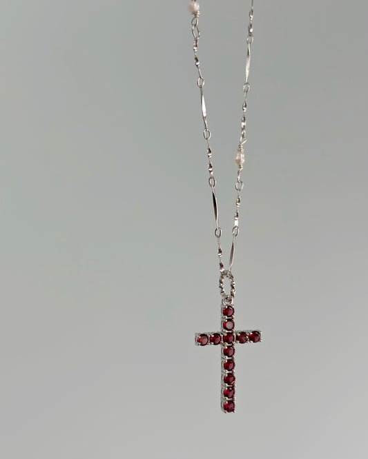 Garnet Cross And Freshwater Pearl Sterling Silver Necklace