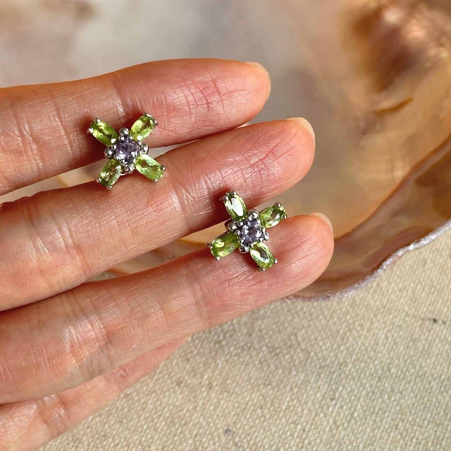 Peridot Cross And Amethyst Sterling Silver Ear Stud