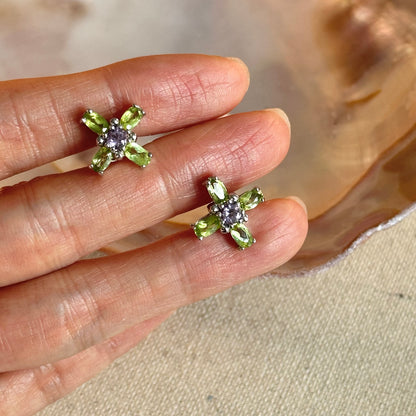 Peridot Cross And Amethyst Sterling Silver Ear Stud