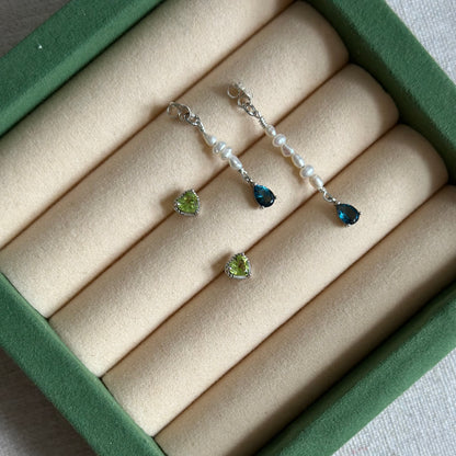 CHRISTMAS SET (2 ITEMS) Peridot Mixed Sapphire Beaded Necklace & Topaz Two-way Earring