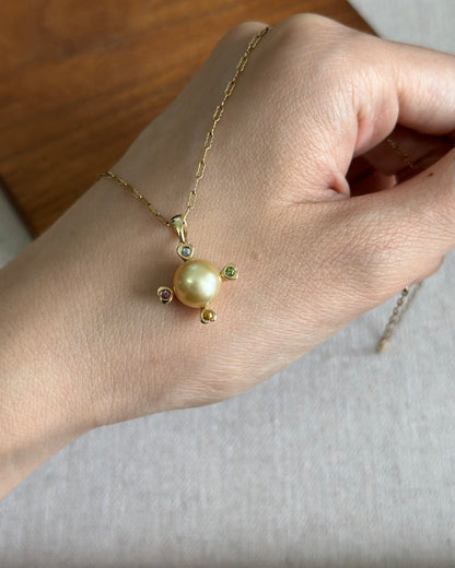 14K Solid Gold South Sea Golden Pearl 10mm And Tourmaline Necklace