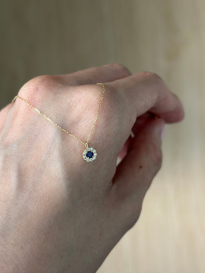 18K Solid Gold Sapphire 0.07ct And Natural Diamond 0.07ct Necklace
