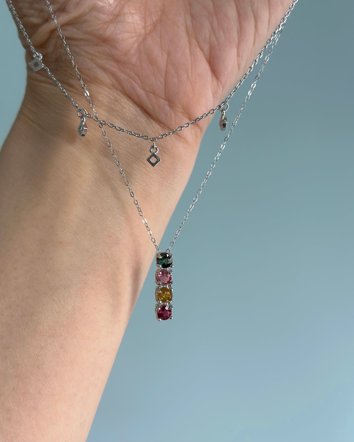 Mixed Tourmaline Double Layer Sterling Silver Necklace