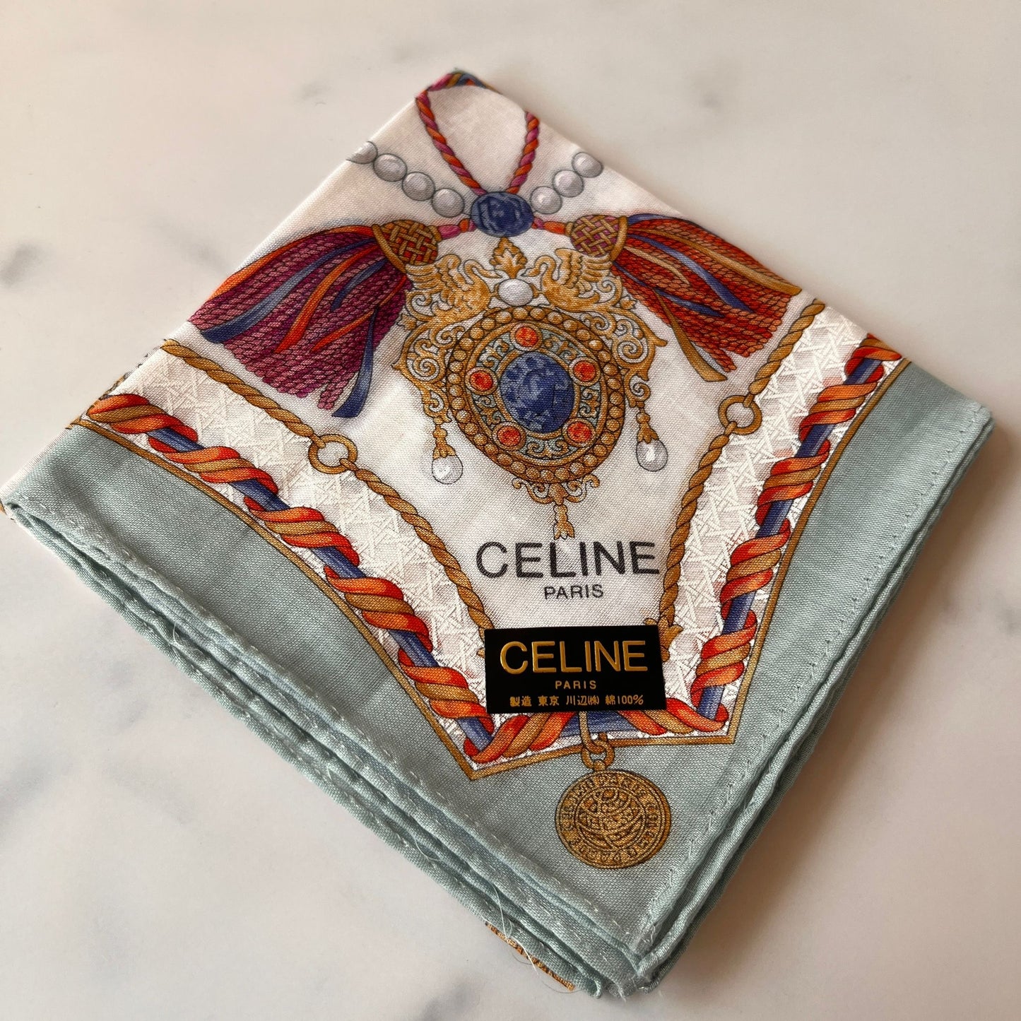 CELINE PARIS Vintage Light Blue Pearl Printed Handkerchief