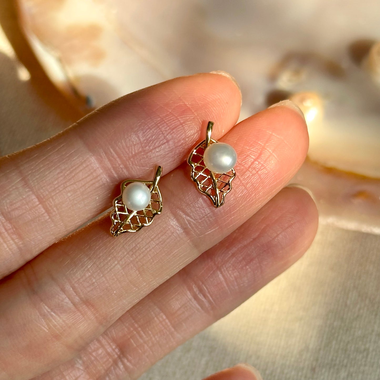 Leaves And Freshwater Pearl Gold-plated Stud