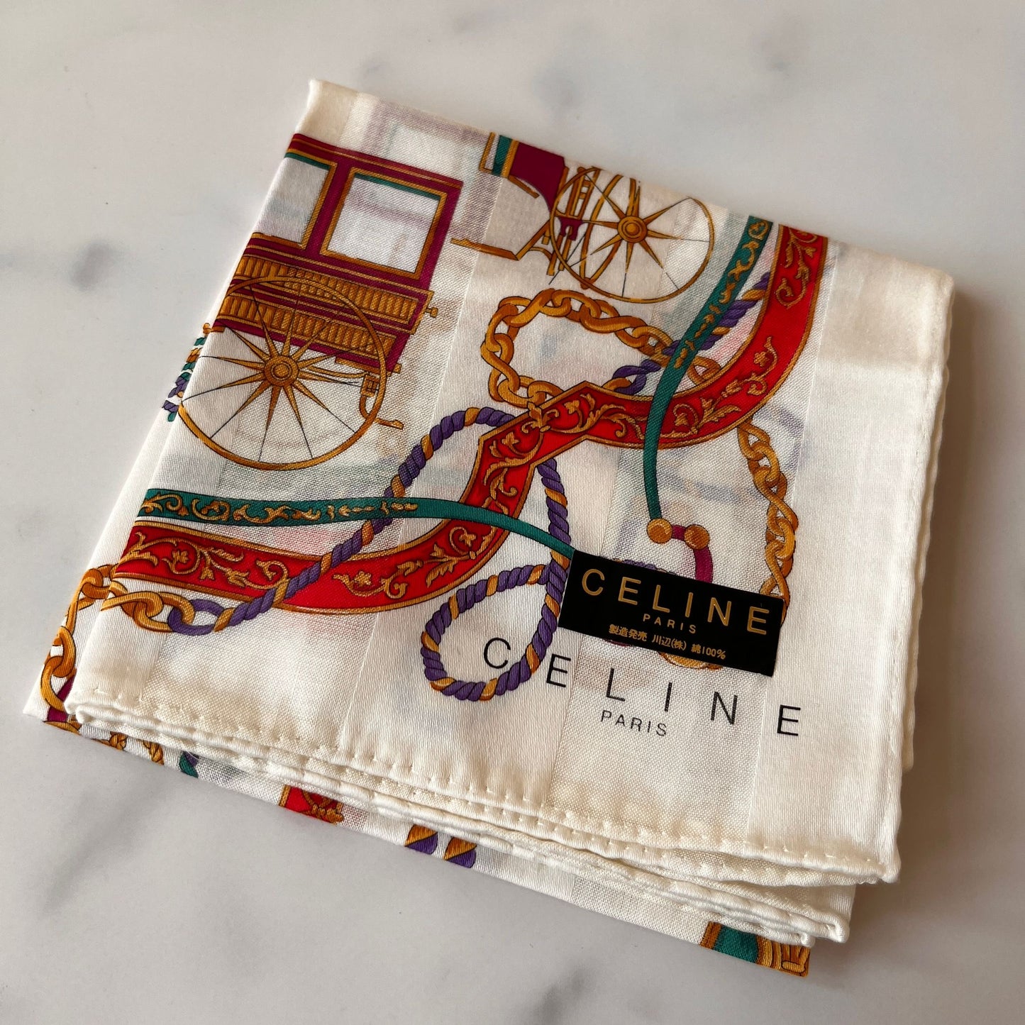 CELINE PARIS Vintage White Chariot Printed Handkerchief