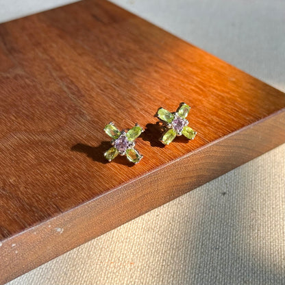 Peridot Cross And Amethyst Sterling Silver Ear Stud