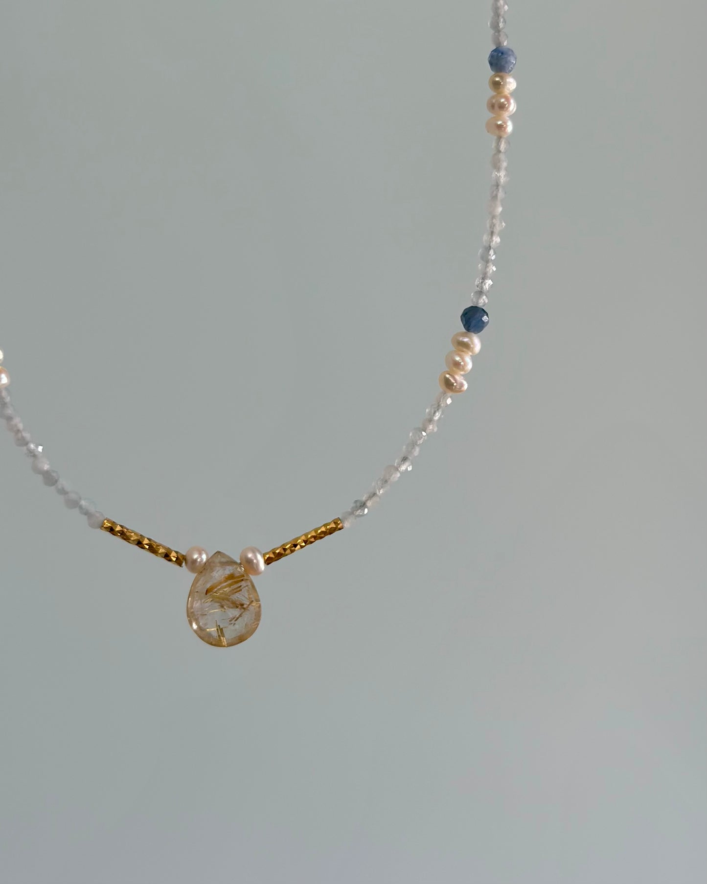Aquamarine And Golden Rutilated Quartz Beaded Necklace