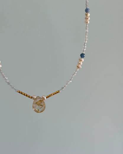 Aquamarine And Golden Rutilated Quartz Beaded Necklace