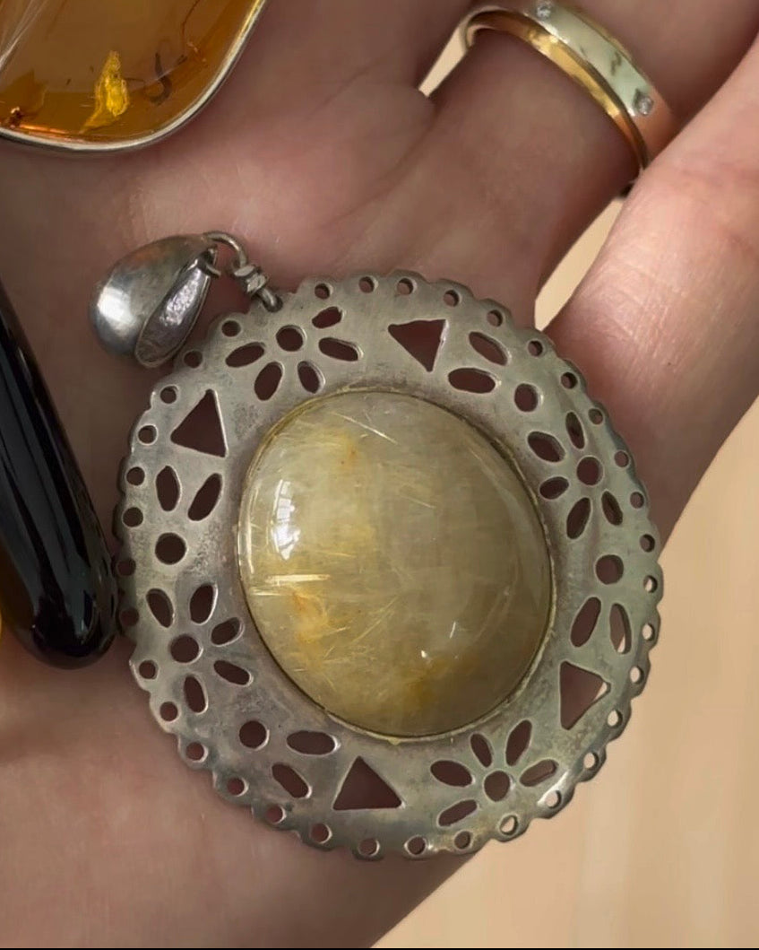 Oval Golden Rutilated Quartz Cabonchon Sterling Silver Pendant